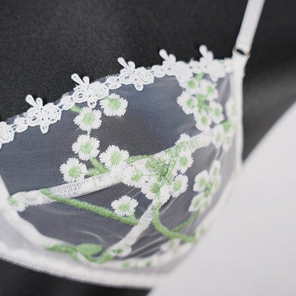 Sexy White Lace Embroidered Lingerie Sheer Bra Panties Set