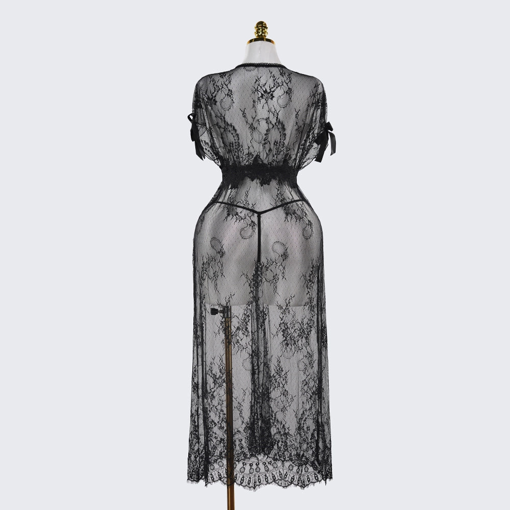 Black Lace Embroidery High Slit See-Through Seduction Negligee Panty Set
