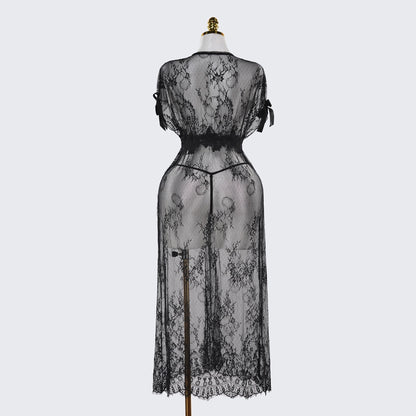 Black Lace Embroidery High Slit See-Through Seduction Negligee Panty Set