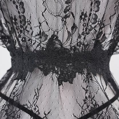 Black Lace Embroidery High Slit See-Through Seduction Negligee Panty Set
