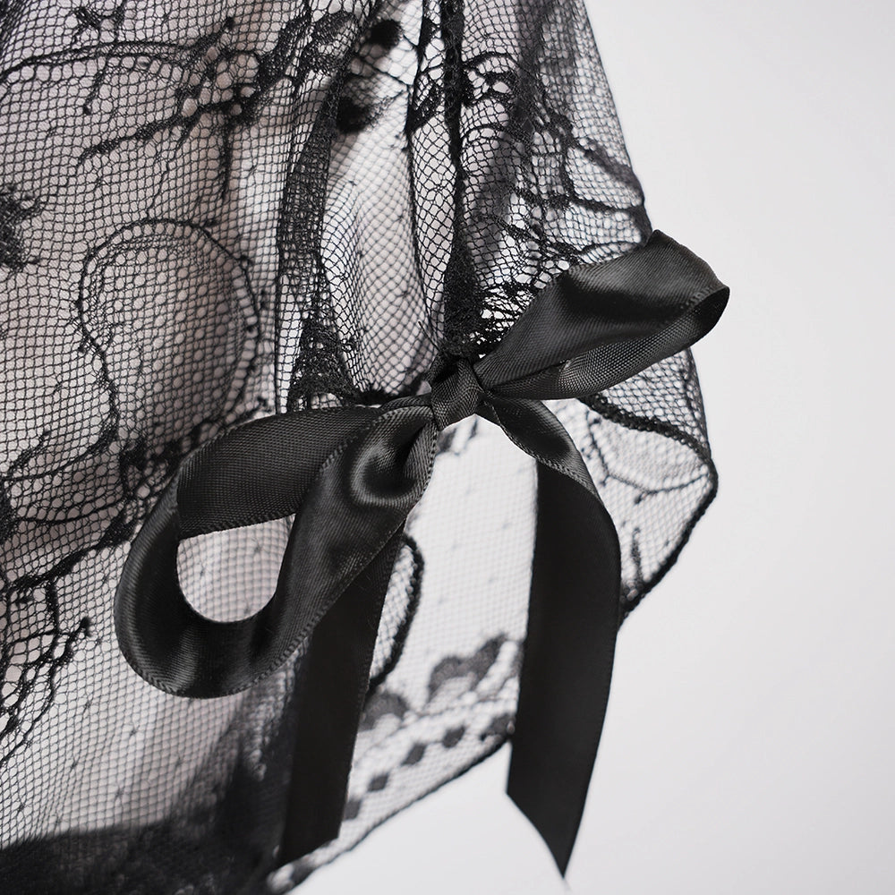 Black Lace Embroidery High Slit See-Through Seduction Negligee Panty Set