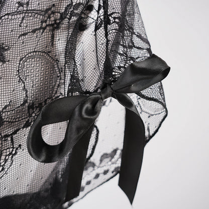 Black Lace Embroidery High Slit See-Through Seduction Negligee Panty Set