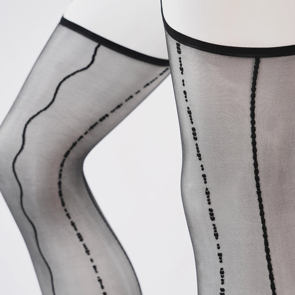 Lace Jacquard Pantyhose Ultra-Thin Over Knee Sexy Shiny Black