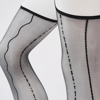 Lace Jacquard Pantyhose Ultra-Thin Over Knee Sexy Shiny Black