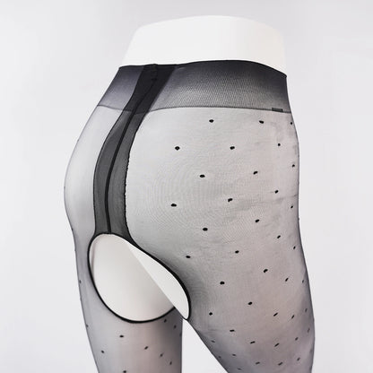 Sexy Crotchless Pantyhose Ultra-Thin 0D Polka Dot High Waist Shiny Black