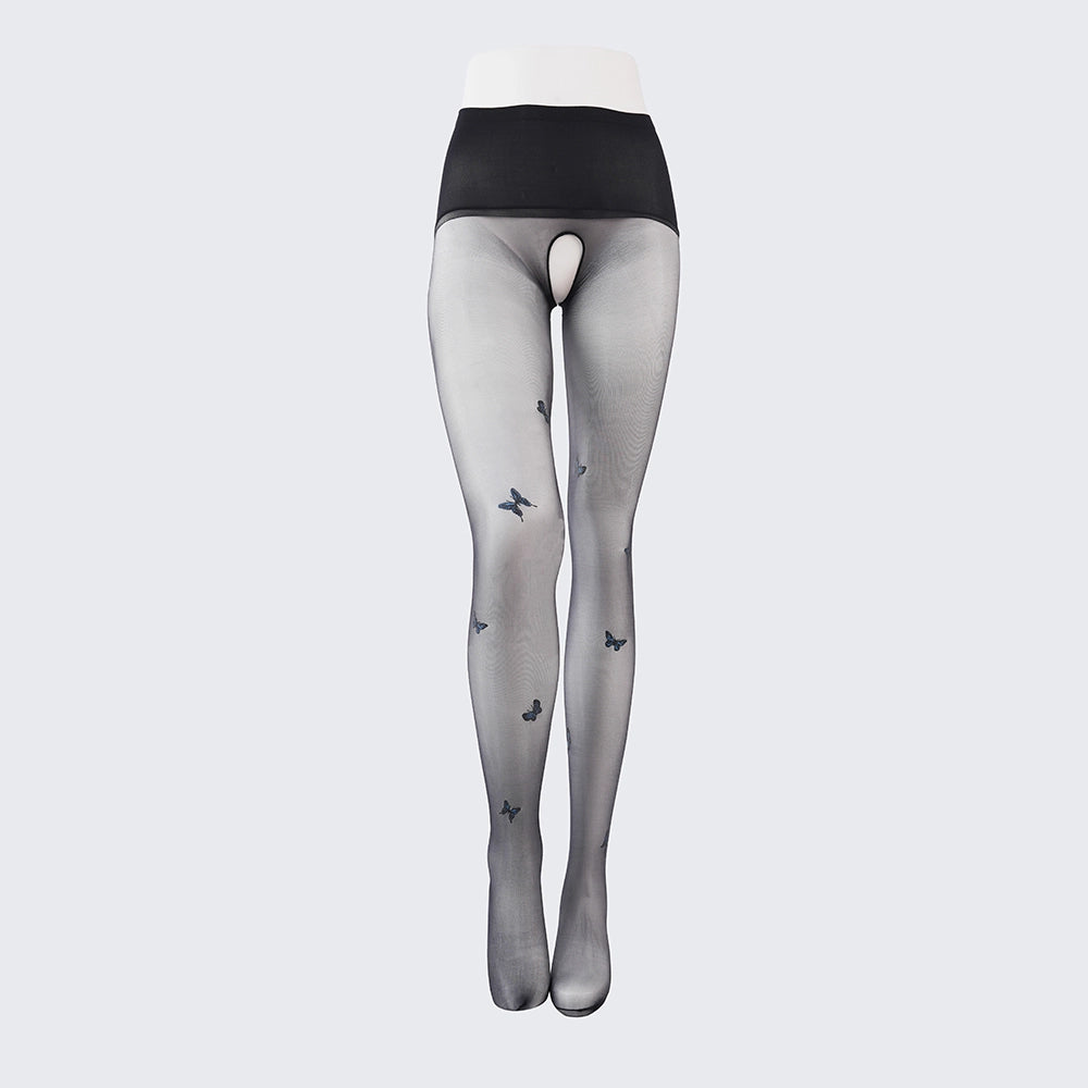 Sexy Black Seamless Pantyhose with Butterfly Open Crotch