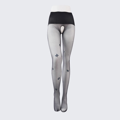 Sexy Black Seamless Pantyhose with Butterfly Open Crotch