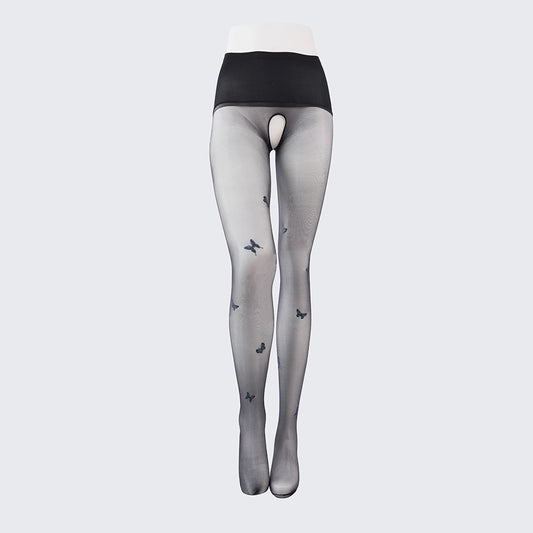 Sexy Black Seamless Pantyhose with Butterfly Open Crotch