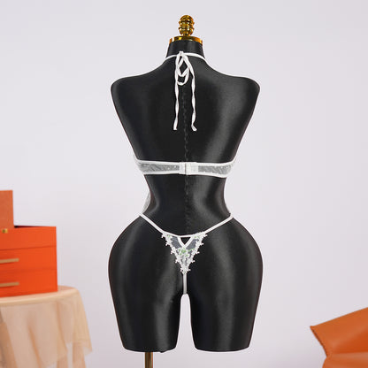 Deep V-neck White Lace Embroidery Bodysuit