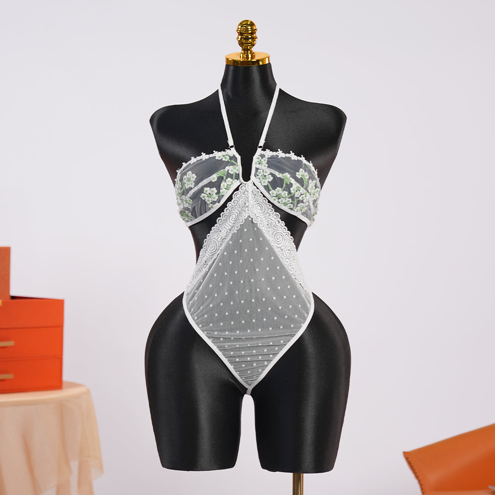 Deep V-neck White Lace Embroidery Bodysuit