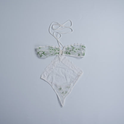 Deep V-neck White Lace Embroidery Bodysuit