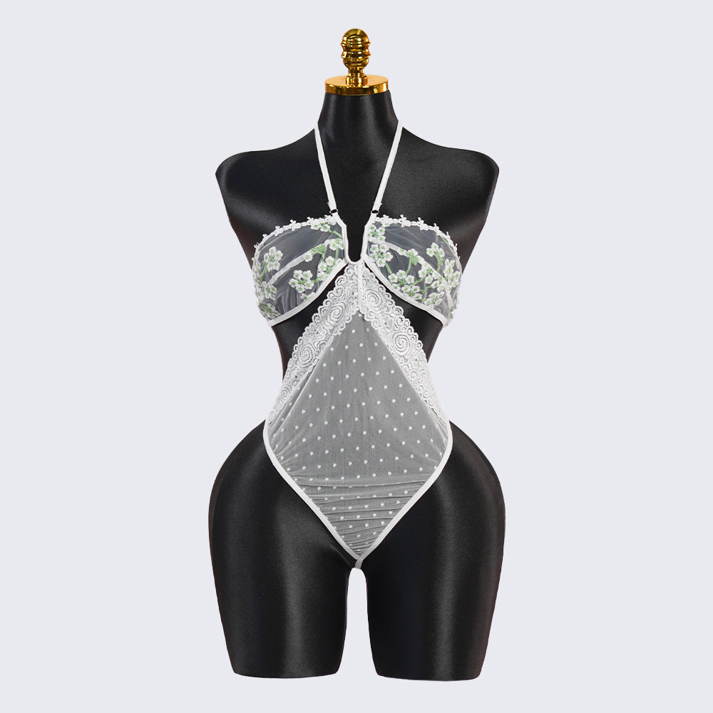 Deep V-neck White Lace Embroidery Bodysuit
