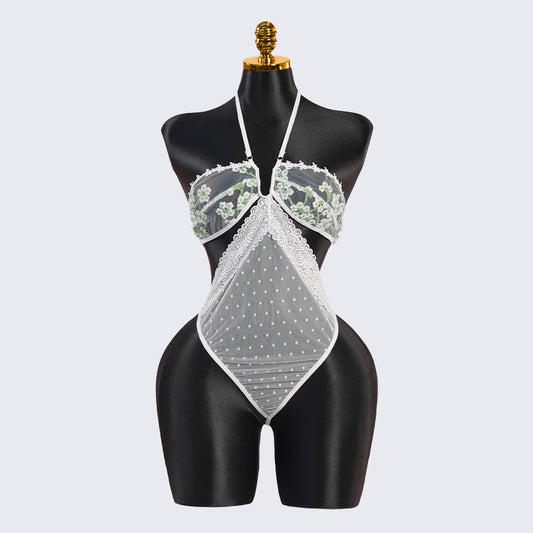Deep V-neck White Lace Embroidery Bodysuit