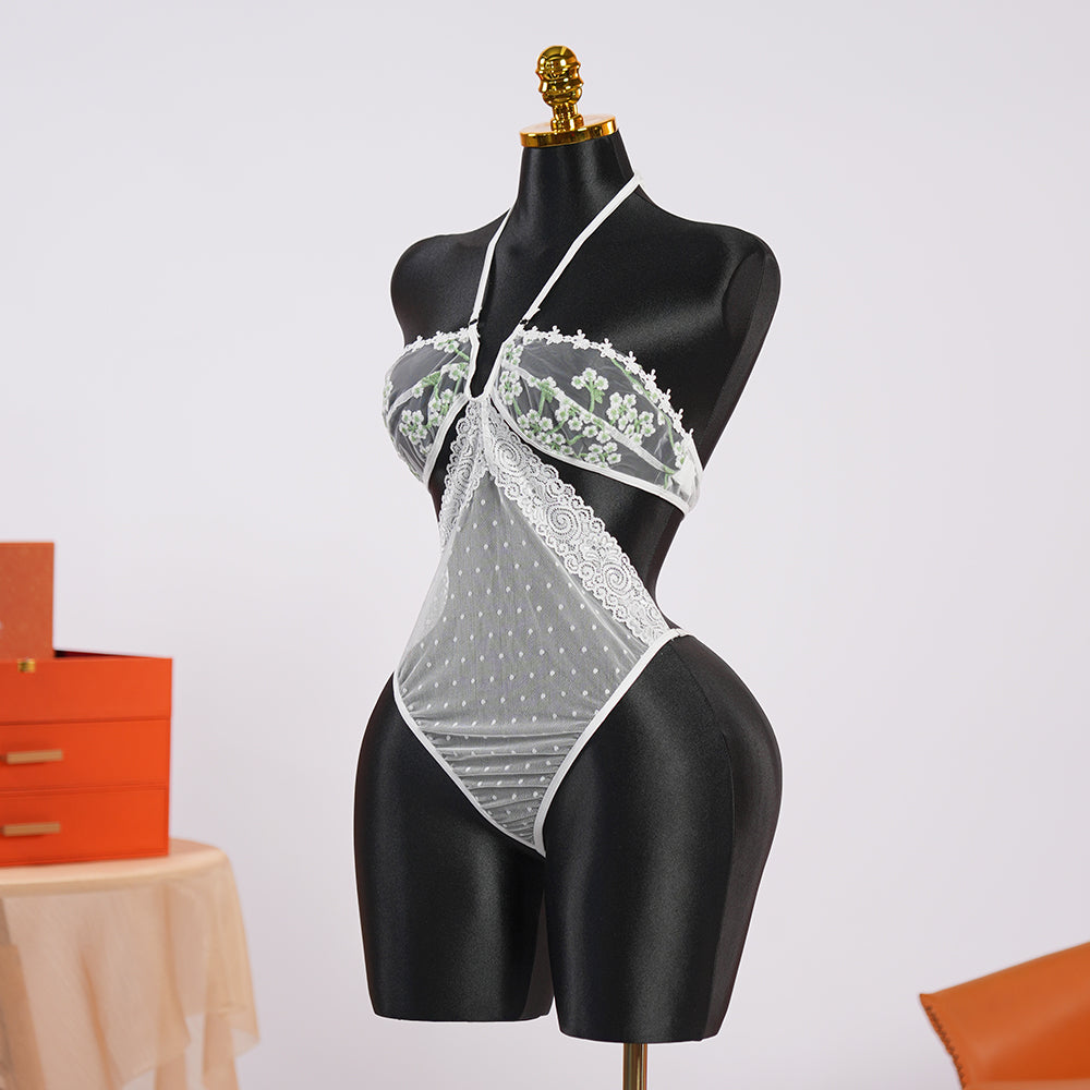 Deep V-neck White Lace Embroidery Bodysuit