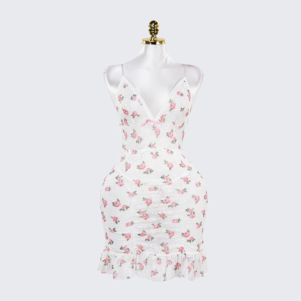 Deep V Rose Print Chemise Spaghetti Strap Slip Dress