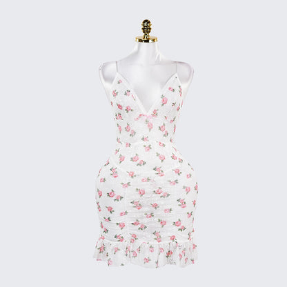 Deep V Rose Print Chemise Spaghetti Strap Slip Dress