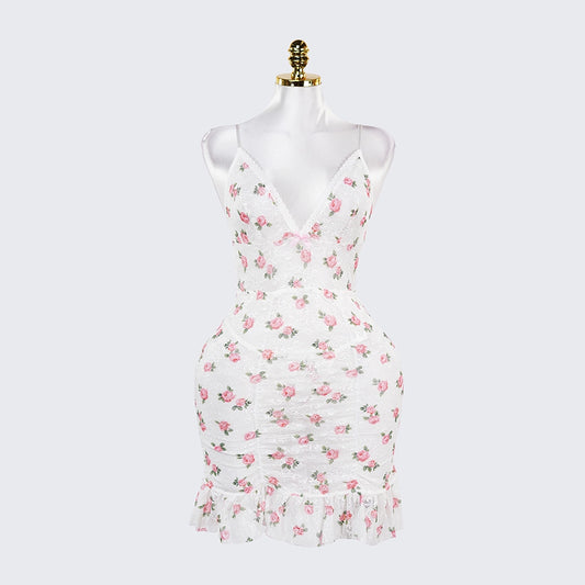 Deep V Rose Print Chemise Spaghetti Strap Slip Dress