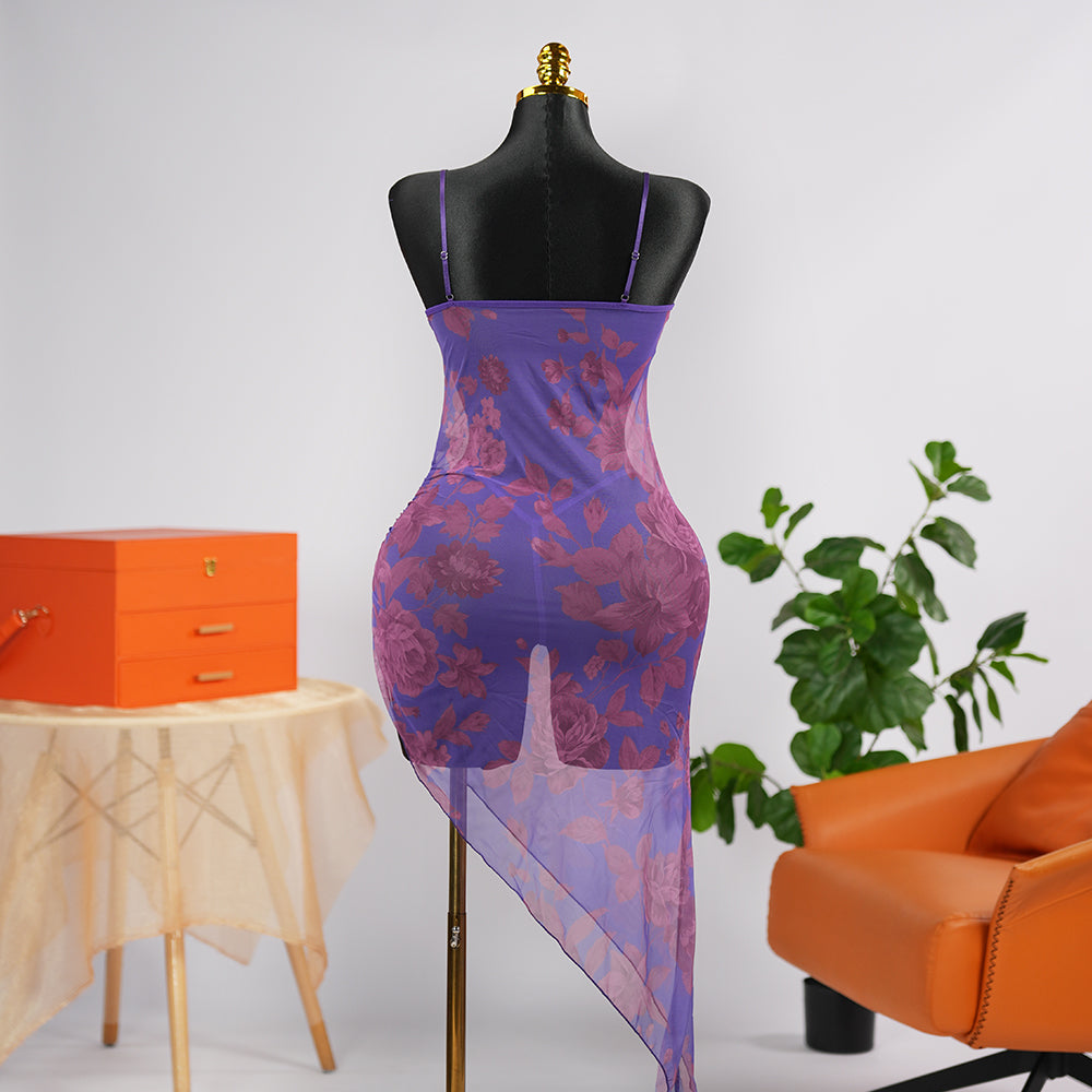 Colorful Elastic See-Through High Slit Suspender Dress