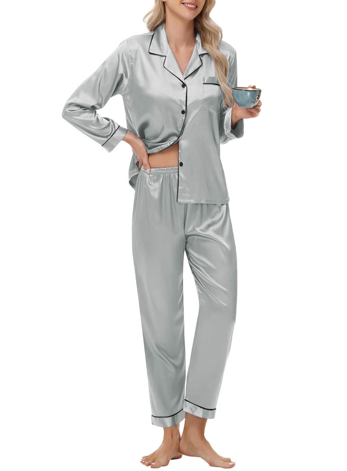 Elegant and sexy silk long sleeve pajama set with long pants