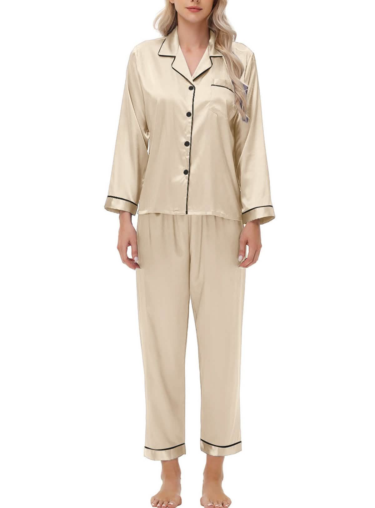 Elegant and sexy silk long sleeve pajama set with long pants