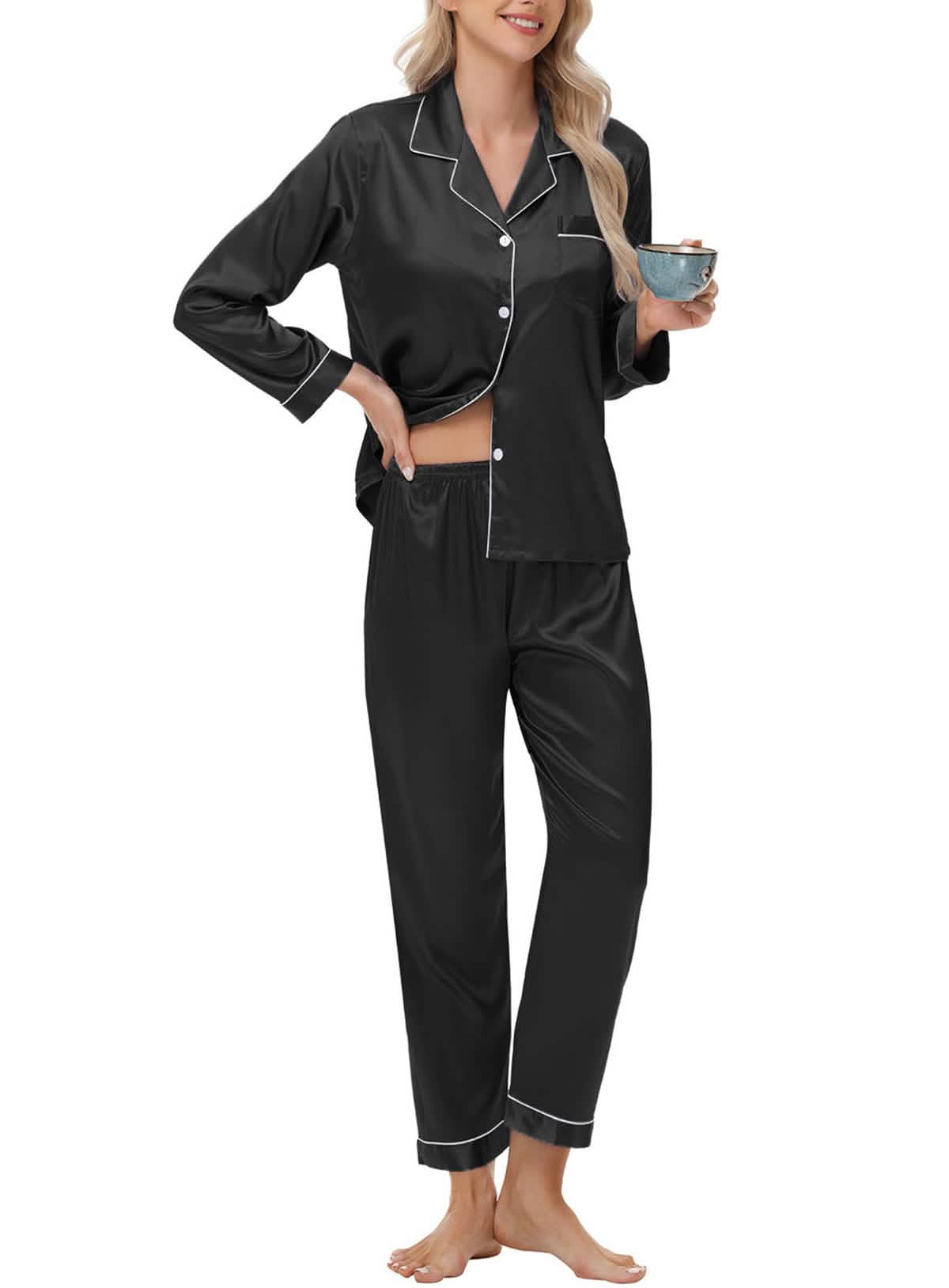 Elegant and sexy silk long sleeve pajama set with long pants