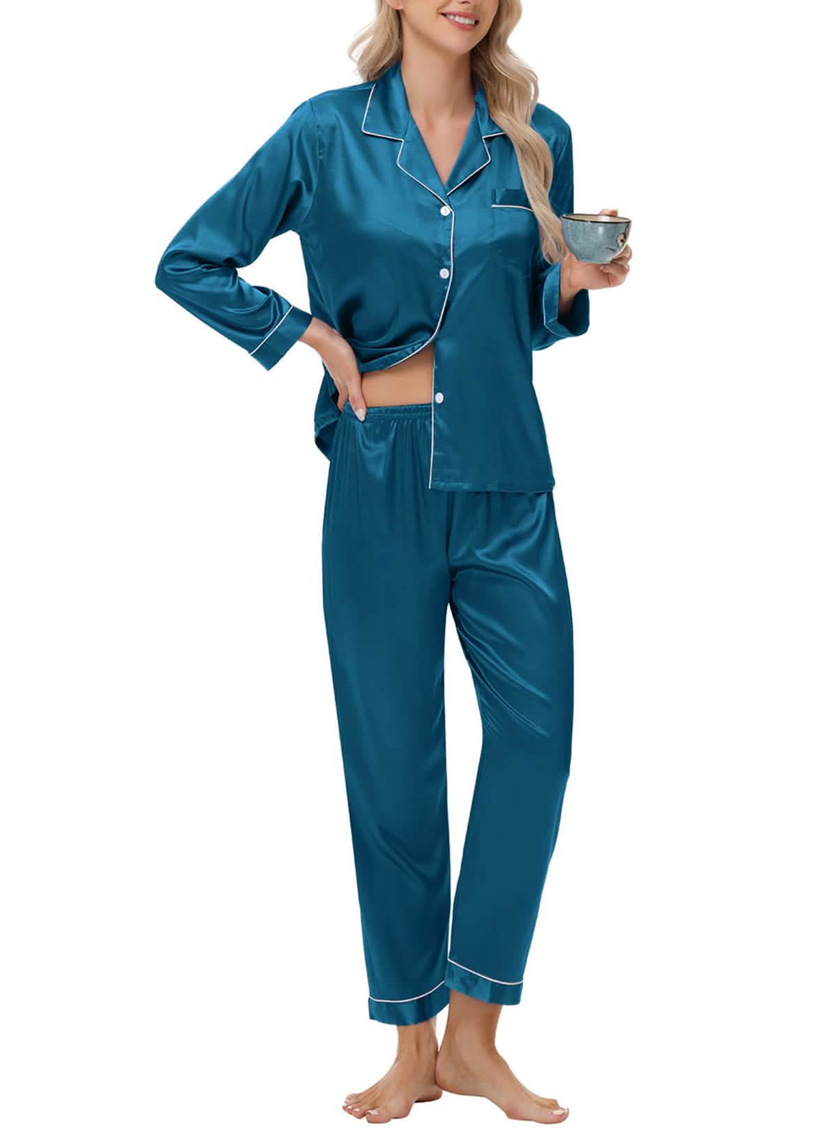 Elegant and sexy silk long sleeve pajama set with long pants