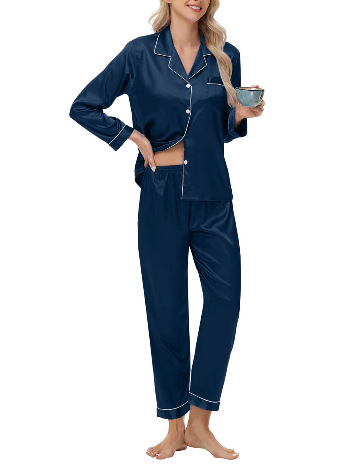 Elegant and sexy silk long sleeve pajama set with long pants