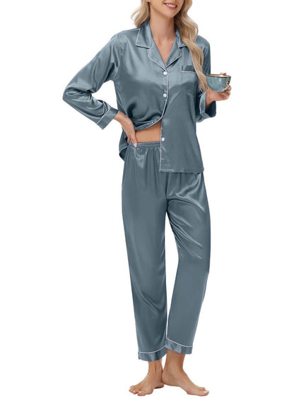 Elegant and sexy silk long sleeve pajama set with long pants