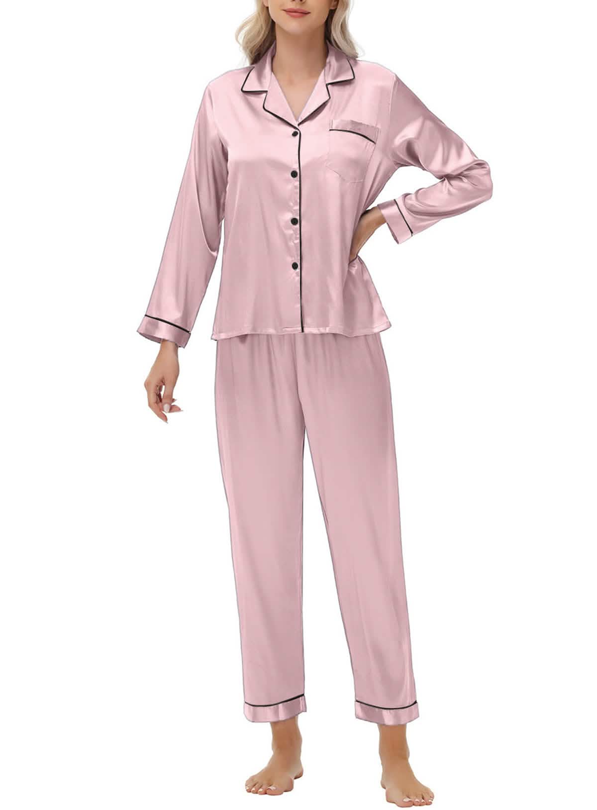Elegant and sexy silk long sleeve pajama set with long pants