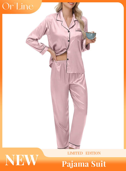 Elegant and sexy silk long sleeve pajama set with long pants