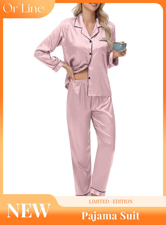 Elegant and sexy silk long sleeve pajama set with long pants