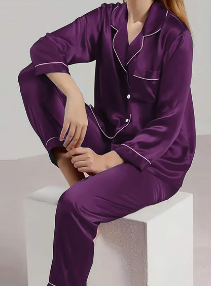 Elegant and sexy silk long sleeve pajama set with long pants