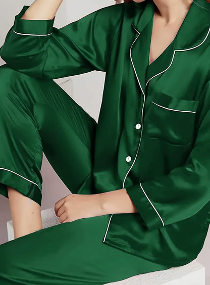 Elegant and sexy silk long sleeve pajama set with long pants