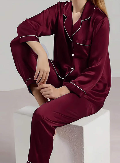 Elegant and sexy silk long sleeve pajama set with long pants