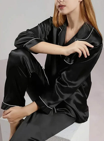 Elegant and sexy silk long sleeve pajama set with long pants