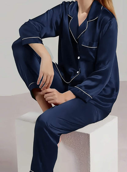 Elegant and sexy silk long sleeve pajama set with long pants