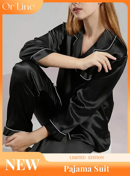 Elegant and sexy silk long sleeve pajama set with long pants