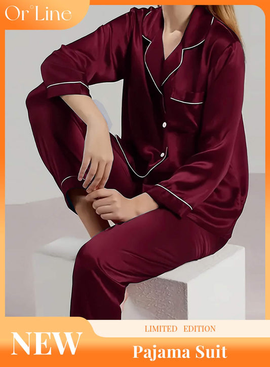 Elegant and sexy silk long sleeve pajama set with long pants