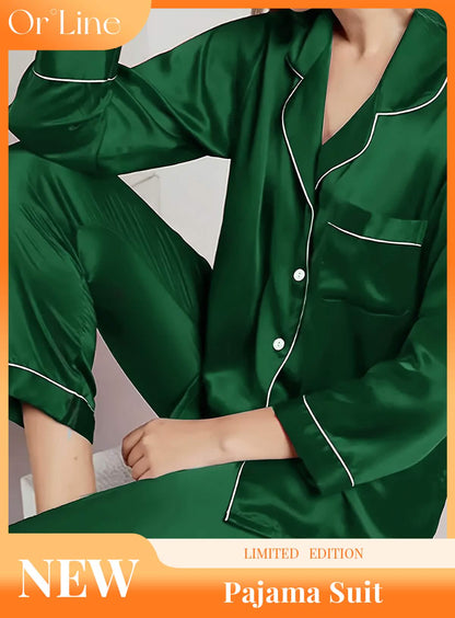 Elegant and sexy silk long sleeve pajama set with long pants