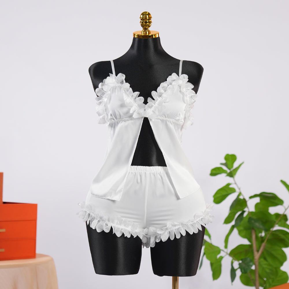 Elegant Ivory White Lace Lingerie Pajama Set