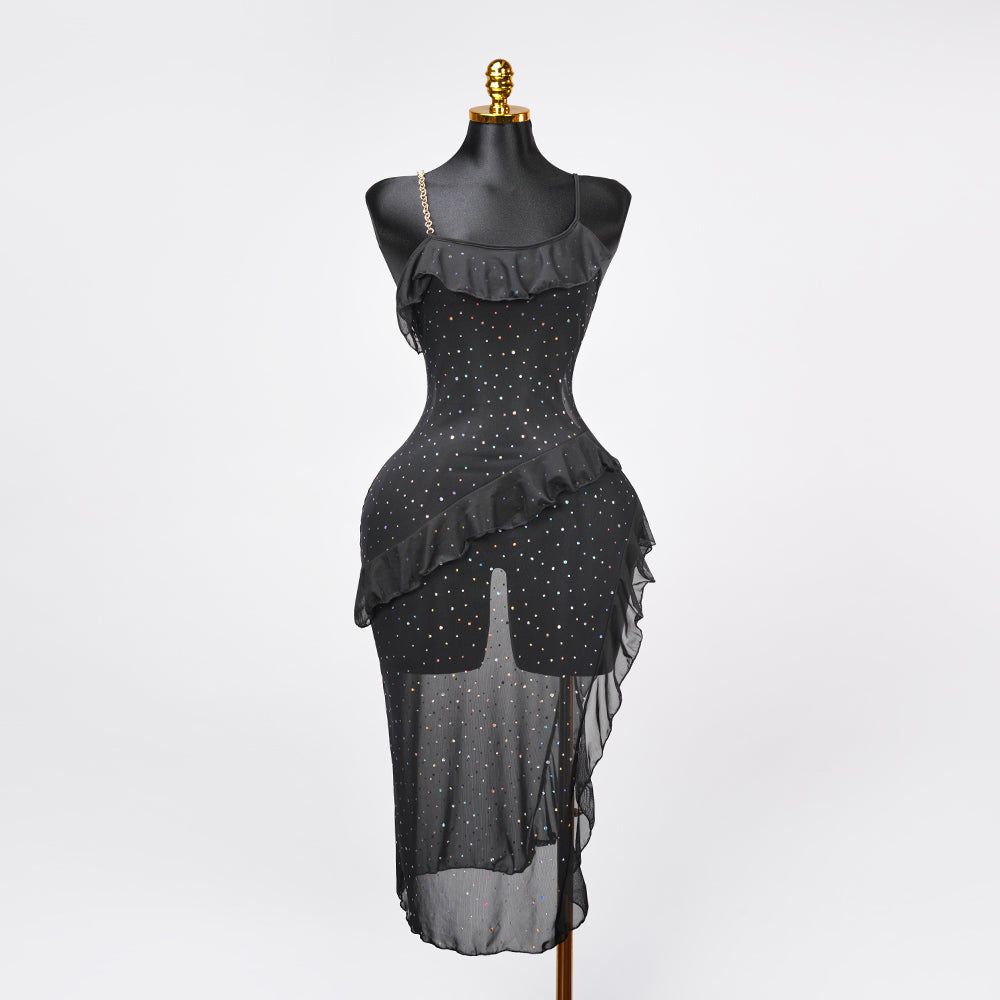 Sparkly Spaghetti Strap Mesh Ruffled Sheer Nightwear Dress Lingerie