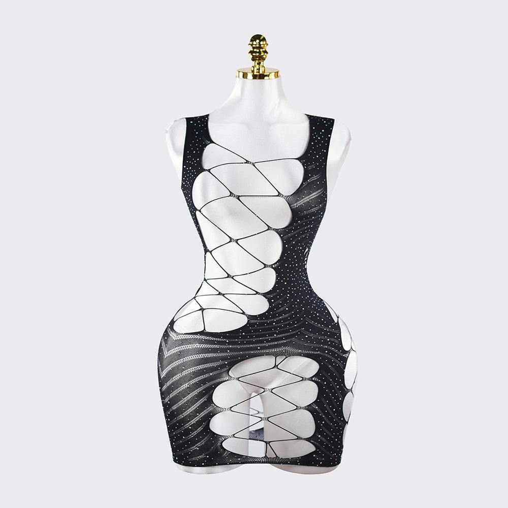 Fishnet Cutout Rhinestone Spaghetti Strap Backless Chemise