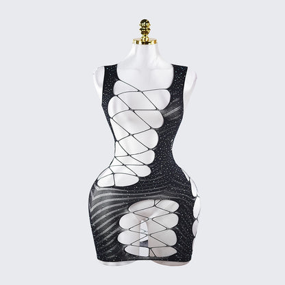 Fishnet Cutout Rhinestone Spaghetti Strap Backless Chemise