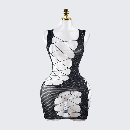 Fishnet Cutout Rhinestone Spaghetti Strap Backless Chemise