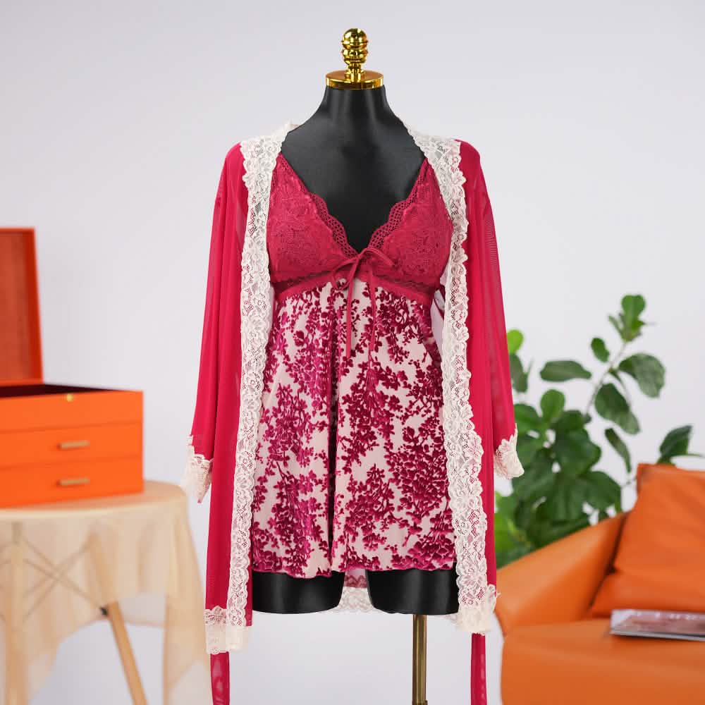 Floral Lace Chemise Dress Chiffon Robe Set