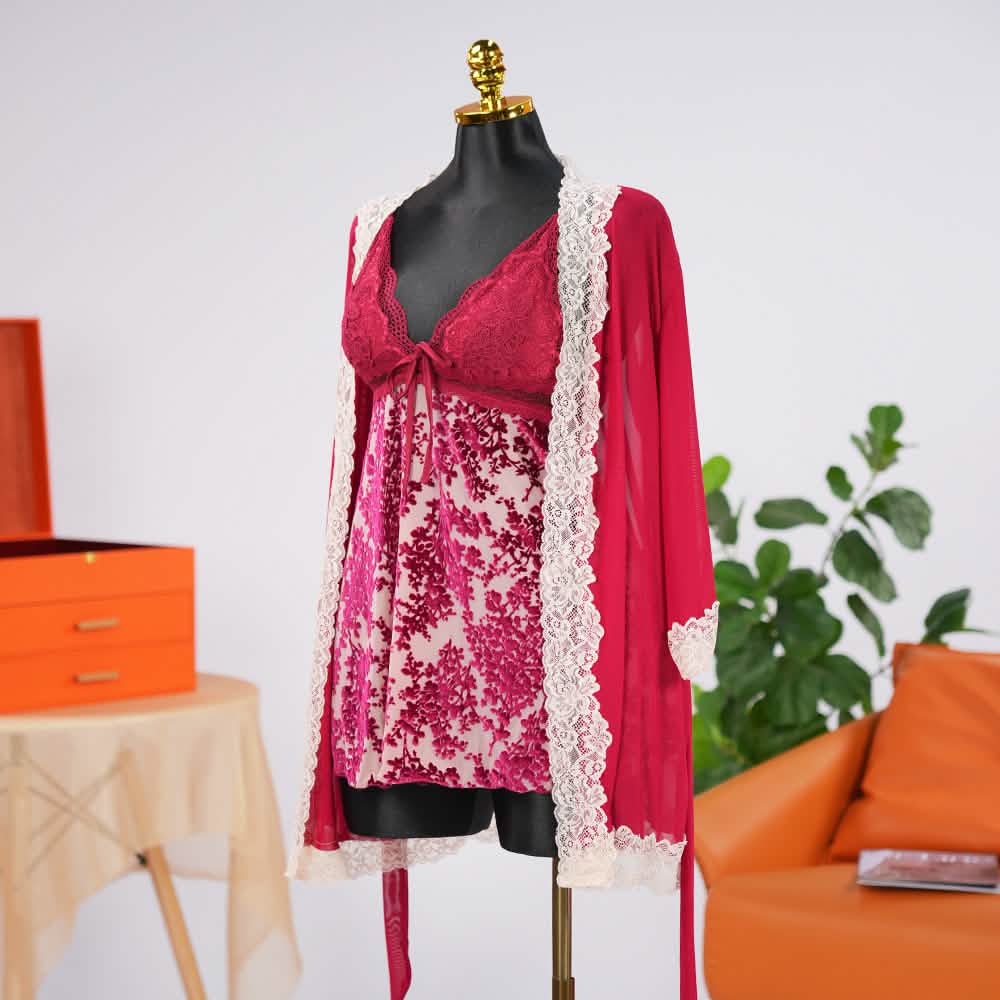 Floral Lace Chemise Dress Chiffon Robe Set