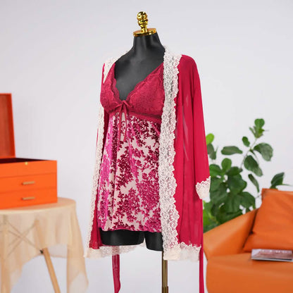 Floral Lace Chemise Dress Chiffon Robe Set