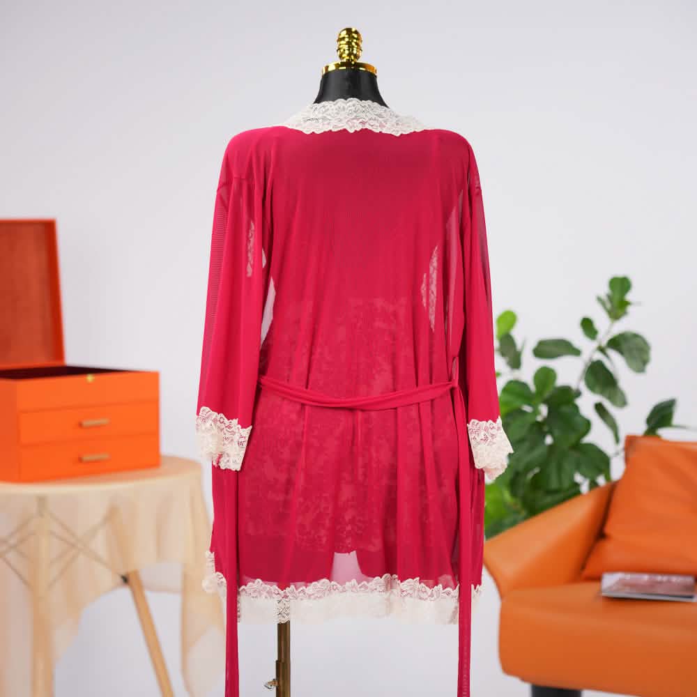 Floral Lace Chemise Dress Chiffon Robe Set