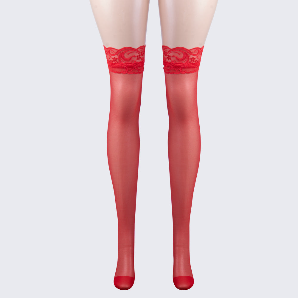 [3+ Items, 200 EGP Each]Floral Lace-Trim Thigh-High Stockings