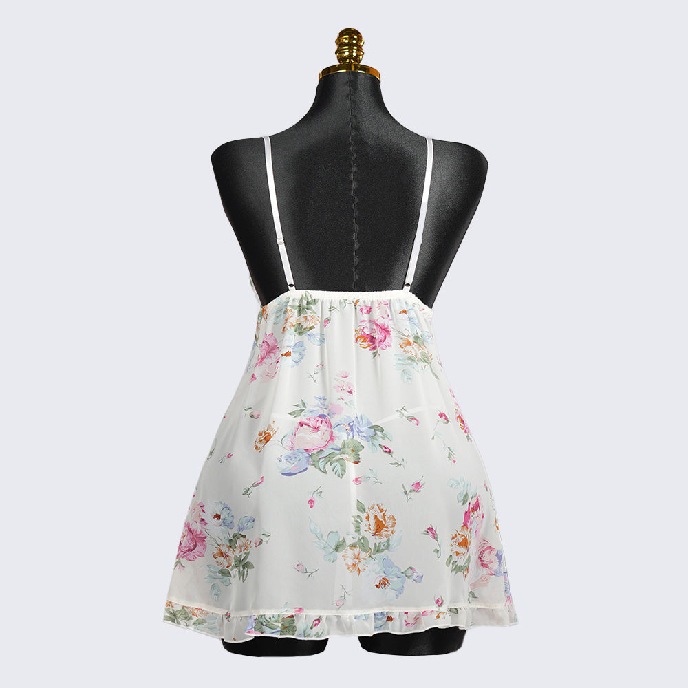 Floral prints White Satin Sleep Dress